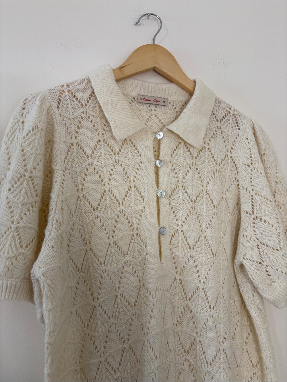 Marine Layer Rebecca Sweater Polo Fall 2025 Cream Pointelle Puff Sleeve Fuzzy XL - Picture 3 of 13
